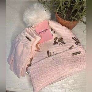Juicy Couture Baby Pink Beanie Pom Pom and Gloves Set New With Tags